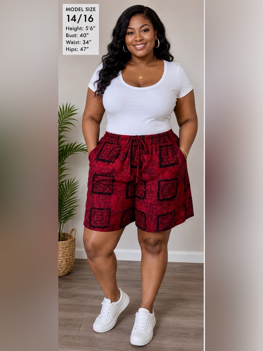 Plus Size Burgundy Drawstring Shorts with Geometric Print